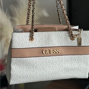 Guess White and Tan Tote Bag with Gold Accents